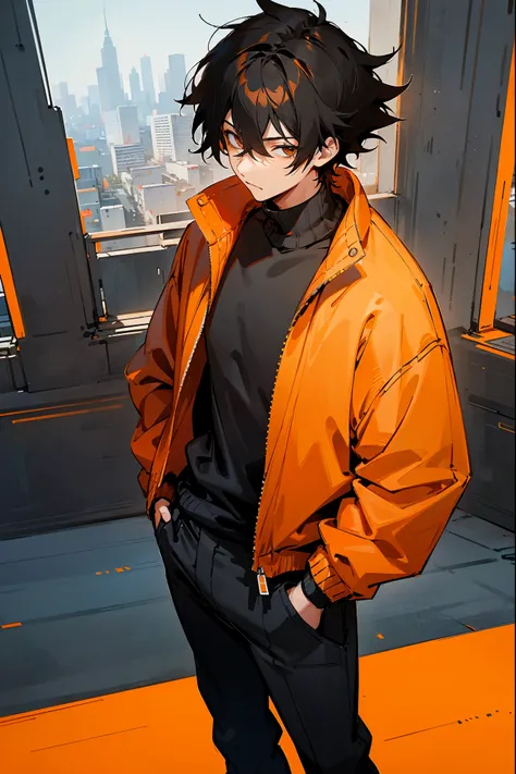 1male, black hair, orange two toned hair, messy hair, short hair, oversized orange sweater, black pants, stylized, modern clothi...