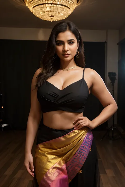 In this photograph, an Indian Instagram female model in her mid-30s takes center stage, with a slightly chubby figure and a big round chest, showcasing some cleavage. The image highlights her highly detailed Indian face (1.4) and a soft smile (0.7). From t...