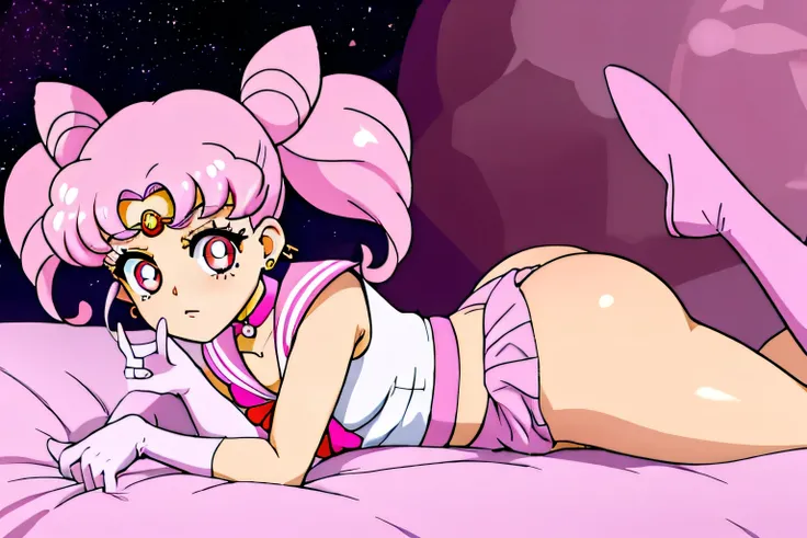 masterpiece, best quality, absurdres, perfect antomy, 1girl, solo, SMMoon, 1990s (style), sailor chibi moon pink hair, pink pupils eyes, sailor senshi uniform, magical girl, pink eyes, Pink skirt, elbow-length gloves, tiara, pleated skirt, bow for hair, pi...