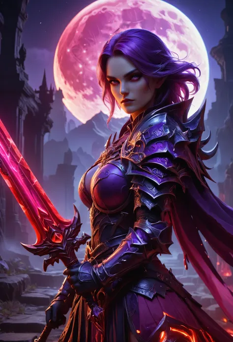 purple female necromancer, beautiful, blood moon, ray tracing, masterpiece, highest quality, super high quality, absurd detailed...