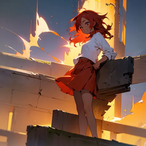 1female, young adult, tan skin, finely detailed ember eyes, straight medium hair, red hair, skirt, casual clothing, standing on ruined building, night time, happy expression