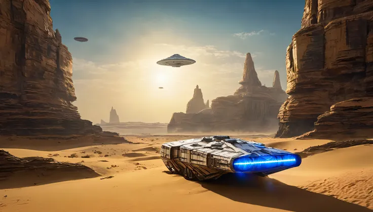 “In a desert landscape beneath a vast sky, towering rock formations rise. The iconic Star Wars Millennium Falcon flies overhead. In the foreground, a large, futuristic bus-like vehicle is parked on the sandy terrain. Saturn-like rings adorn the sky, adding...