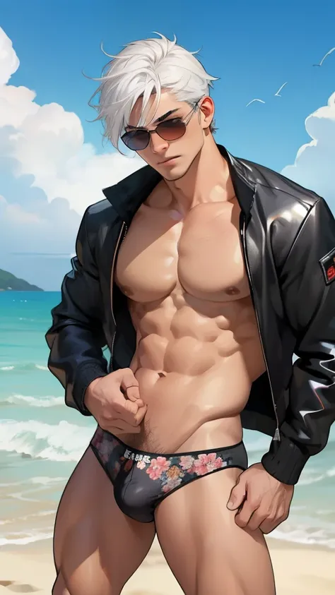 facial expression like masturbation, 1boy, bikini, Tight muscles, Broad shoulders, Handsome and old, Tiny underwear, Sexy, sex, Guy, Gay, Sea, jacket, sunglasses, boy, floral bikini, bright white hair, tight leg muscles,