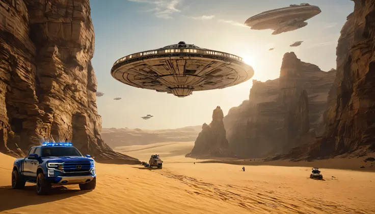 “In a desert landscape beneath a vast sky, towering rock formations rise. The iconic Star Wars Millennium Falcon flies overhead. In the foreground, a large, futuristic bus-like vehicle is parked on the sandy terrain. Saturn-like rings adorn the sky, adding...