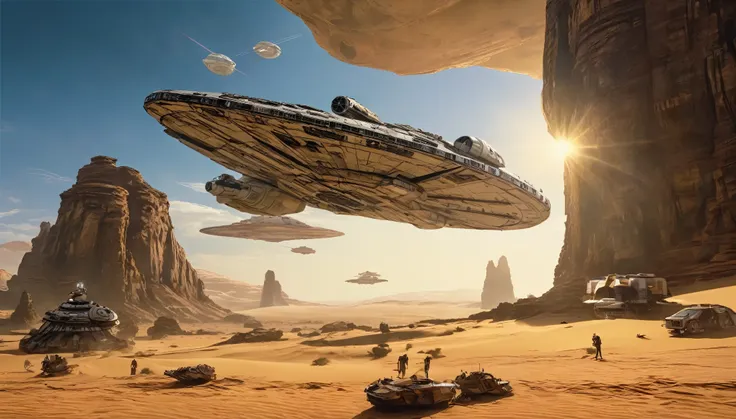 “In a desert landscape beneath a vast sky, towering rock formations rise. The iconic Star Wars Millennium Falcon flies overhead. In the foreground, a large, futuristic bus-like vehicle is parked on the sandy terrain. Saturn-like rings adorn the sky, adding...