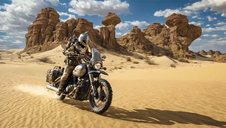 Show a vast desert with imposing and unique rock formations in the background.
- Include a central figure of a warrior, wearing metallic armor, a helmet, and holding a long spear.
- Add details like a small green creature, similar to a baby alien, sitting ...