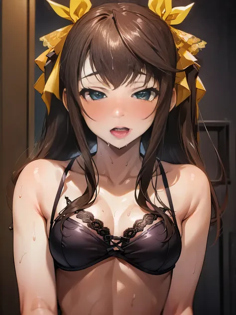 NSFW,(One girl:1.5),Arfan、Long Hair、Twin tails、Hair Ribbon、Small breasts、(sexy lace lingerie:1.5),(Perfect hands),(Perfect Anatomy),(masterpiece),(Highest quality),(Ecstasy face:1.5),Embarrassed,blush,Love Hotel at Night