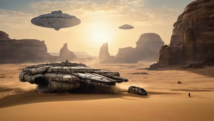 “In a desert landscape beneath a vast sky, towering rock formations rise. The iconic Star Wars Millennium Falcon flies overhead. In the foreground, a large, futuristic bus-like vehicle is parked on the sandy terrain. Saturn-like rings adorn the sky, adding...