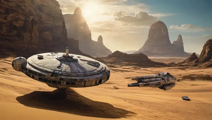 “In a desert landscape beneath a vast sky, towering rock formations rise. The iconic Star Wars Millennium Falcon flies overhead. In the foreground, a large, futuristic bus-like vehicle is parked on the sandy terrain. Saturn-like rings adorn the sky, adding...
