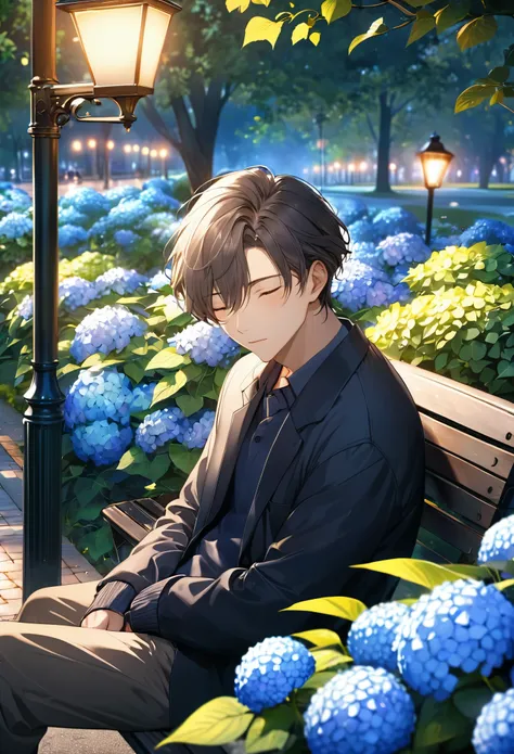 HDR,UHD,8K, best quality, masterpiece, Highly detailed, Studio lighting, physically-based rendering, 1boy, solo,
1boy, upper body, An evening scene with a man sitting on a park bench, illuminated by soft streetlights. The man is casually dressed, leaning b...