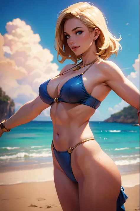 Power_girl, blonde, (((blue bikini))), (full figure), standing on a deserted tropical beach, smiling, fun, playful, ((glamour)), dramatic lighting, ((depth of field)), ((masterpiece)), ((best quality)), ((highly detailed)), Power Star