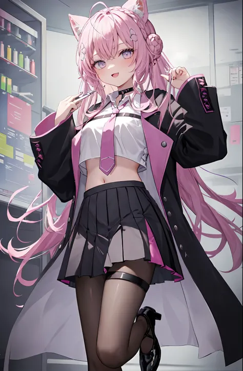 long hair, hair bun, double bun, braided bun, crown braid, hexagon, choker, black choker, necktie, pink necktie, shirt, white shirt, collared shirt, crop top, crop top overhang, fingernails, nail polish, pink nails, watch, pocket watch, midriff, navel, bel...