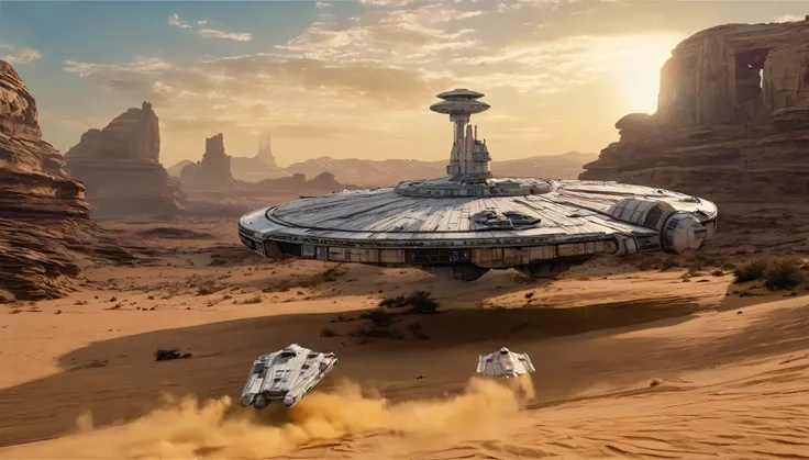 “In a desert landscape beneath a vast sky, towering rock formations rise. The iconic Star Wars Millennium Falcon flies overhead. In the foreground, a large, futuristic bus-like vehicle is parked on the sandy terrain. Saturn-like rings adorn the sky, adding...