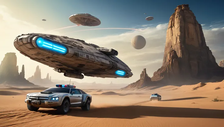 “In a desert landscape beneath a vast sky, towering rock formations rise. The iconic Star Wars Millennium Falcon flies overhead. In the foreground, a large, futuristic bus-like vehicle is parked on the sandy terrain. Saturn-like rings adorn the sky, adding...