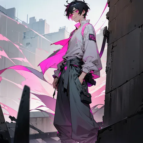 1male, adult, finely detailed pink eyes, messy short hair, black hair, enginer clothing, tied around waist, baggy pants, standing on ruined building, night time, happy expression, muscular, goggles