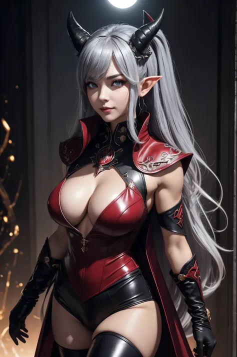 8k,ヴァンパイアの牙を持つGray Hairパーマヘア,Close-up of a queen with very large breasts(Ultra-realisticな肌), so beautiful(Like the real thing),Elf Ears,2. 5D CGIファンタジーアートワーク,Portrait of the Queen of the Underworld, Highly detailed art gems, Types of bacteria ; 3D Unreal E...