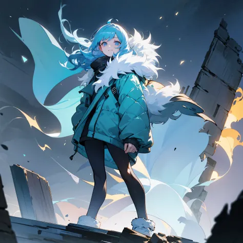 1female, adult, finely detailed ember eyes, wavy medium hair, pale blue hair, fur puffer jacket, standing on ruined building, night time, happy expression, sunglasses