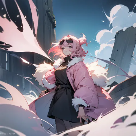 1female, adult, finely detailed grey eyes, wavy medium hair, pale pink hair, fur puffer jacket, standing on ruined building, night time, happy expression, sunglasses