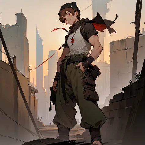 1male, adult, finely detailed red eyes, wild short hair, brown hair, poor clothing, tied around waist, baggy pants, standing on ruined building, night time, happy expression, muscular, goggles, dirty, beanie