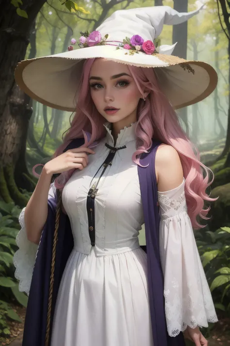 make a woman,with pink hair and white clothes like a nature witch