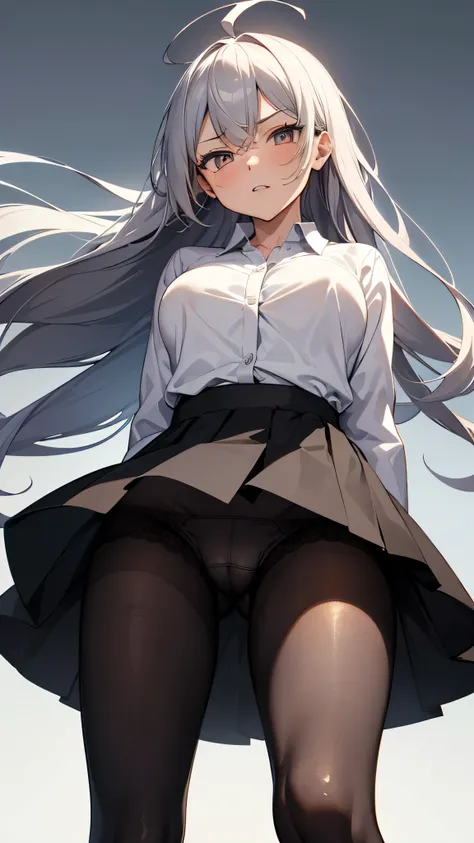 ((masterpiece, Highest quality)), (One girl), (alone), (Focus on women), (Ahoge, Gray Hair, Very long hair), Golden Eyes, A light smile, Open your mouth, ((White shirt), (Buttoned shirt), (Button gap)), ((Black Skirt), (Short skirt)), Are standing, White B...