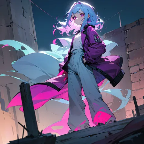 1female, adult, finely detailed magenta eyes, wavy medium hair, pale blue hair, jacket, baggy pants, standing on ruined building, night time, serious expression