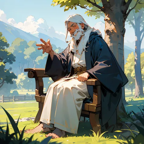 old friendly smiling wizard with white beard and robe in peaceful, im Schneidersitz sitzender Pose; Ort ist eine sonnige Wiese in einem Wald
