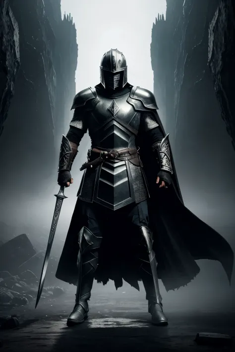 A pale warrior, clad in black carbonized armor and a crimson cape in tatters that falls, stands alone before a valley enveloped in mist. In his gauntlet, he clutches a chipped obsidian blade, ready to face unknown horrors emerging from the fog. This image ...