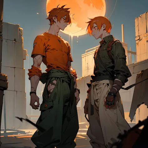 1male, adult, finely detailed orange eyes, wild short hair, peach hair, poor clothing, tied around waist, baggy pants, standing on ruined building, night time, somber expression, muscular, goggles, dirty, scars