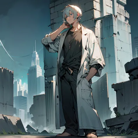 1male, adult, finely detailed turquoise eyes, wild short hair, grey hair, casual clothing, lab coat, standing on ruined building, night time, somber expression, muscular, tired, blacm bags under eyes