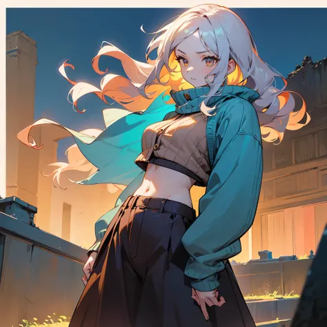 1female, adult, finely detailed cinnamon eyes, wavy medium hair, pale azure hair, crop top, cardigan, casual clothing, standing on ruined building, night time, serious expression