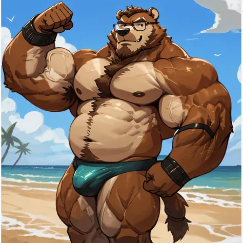 solo, 1boy, Huge chubby Muscular Old Grizzly Bear wearing glasses, , pectoral, huge pectoral, wide pectoral, brown fur, short brown hair, black competitive briefs, wristbands and shirtless topless, bearded, brown Mustache, muscle beach background, masterpi...