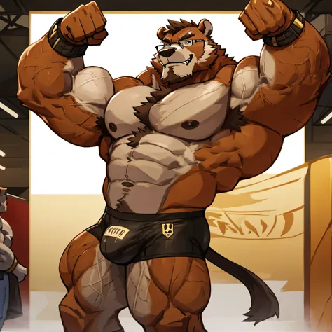 solo, 1boy, Huge Muscular Old Grizzly Bear wearing glasses, pectoral, huge pectoral, wide pectoral, brown fur, short brown hair, black competitive briefs, number 35 tag, wristbands and shirtless topless, bearded, brown Mustache, bodybuilding contest backgr...