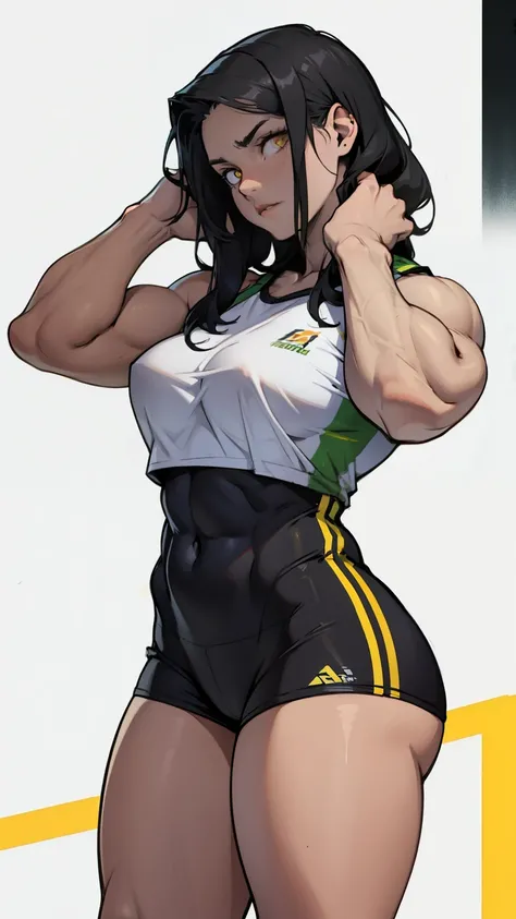 swole busty girl athletic black hair yellow eyes pale skin disappointed looking at camera