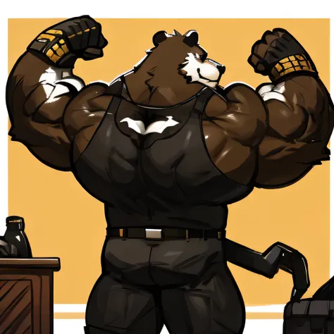 solo, 1boy, Huge Muscular Old Grizzly Bear as Bane from Batman, Bane mask, pectoral, huge pectoral, wide pectoral, brown fur, black tanktop, black tight pants, black boots, black gloves and wristbands, venom tank on the back, Gotham background, masterpiece...