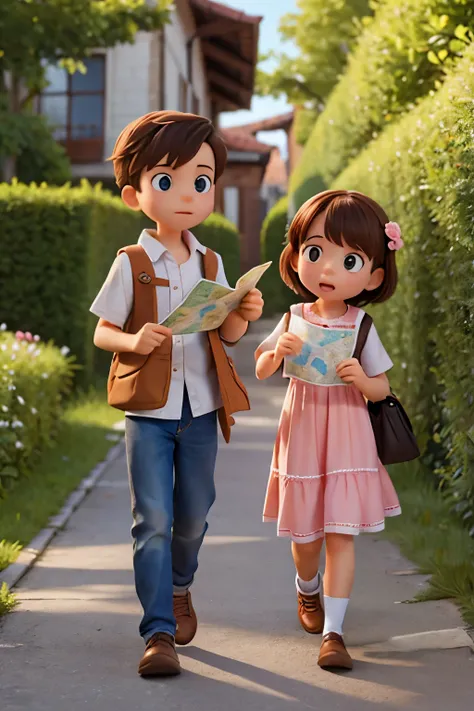 1 boy and 1 girl walking looking at a map and looking for a treasure