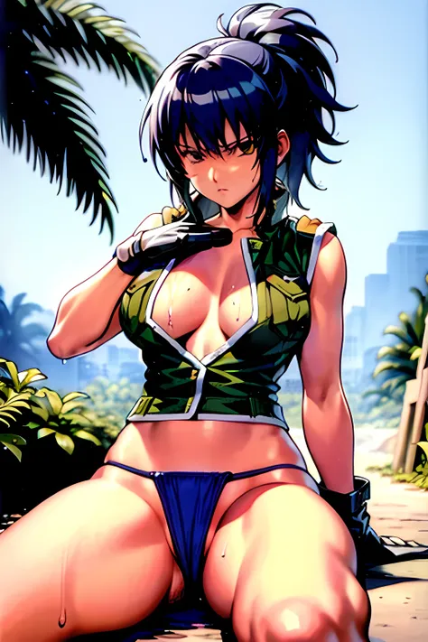 masterpiece, best quality, anime 1990s (style, leona heidern, naked chest, fully open vest, thong, panty ,jungle, army, pony tail, wet, serious, soldier, gloves.