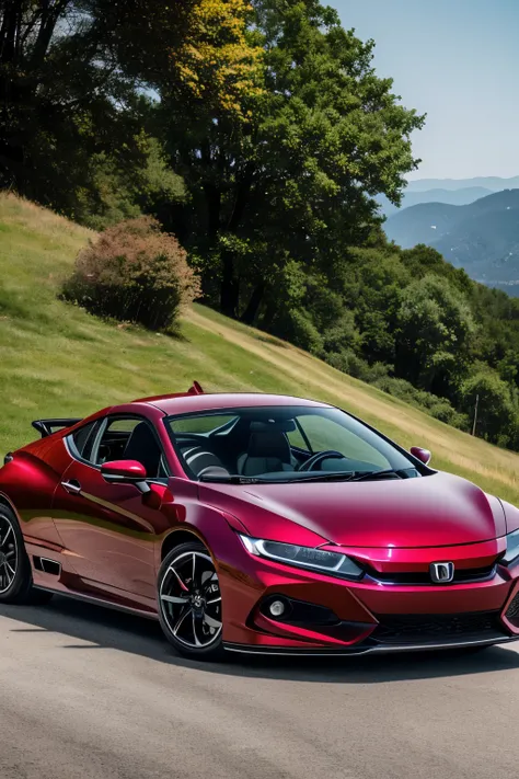 A sleek Honda Del Sol, gracefully positioned against the backdrop of Bulgarian scenery, dons a maroon coat with glossy white accents that catch the eye. The vehicle boasts a body kit, elegantly integrated with aero elements and accentuated by carbon fiber ...