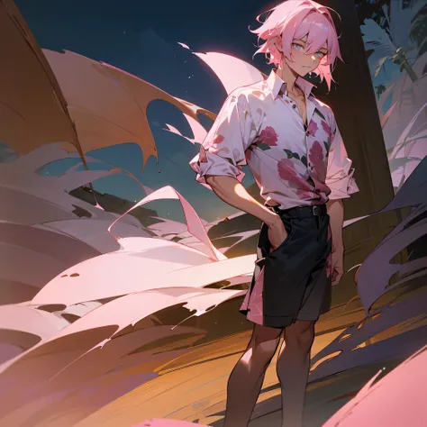 1male, adult, finely detailed arsenic eyes, wild short hair, rose quartz hair color, open button down hawaii shirt, shorts, standing on ruined building, night time, somber expression, muscular, excited expression