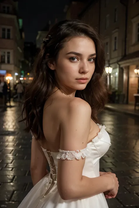 (Best quality, Ultra-detailed: 1.4), Twilight HDR, Romantic colors, Enchanting brunette, Litewski Square in Lublin, Historic ambiance, Gothic architecture, Flickering street lights, Cobblestone pathway, Whispers of the wind, Long flowing curls, Elegant eve...