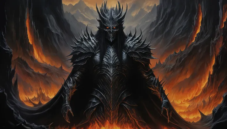 Morgoth from LotR, ClassipeintXL oil painting detailed portrait of the dark ruler Sauron in Mordor, umgeben von Flammen, Symmetrie, teuflisch, Bosheit, Hass, masterpiece, Full HD, high quality