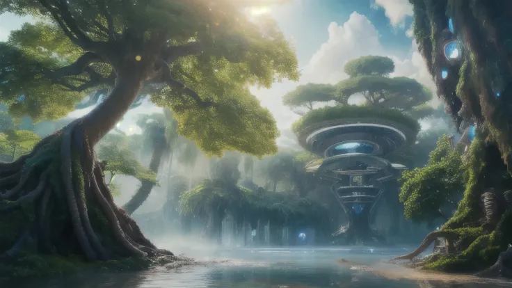 masterpiece, best quality, high quality, extremely detailed CG unity 8k wallpaper, a hyperrealistic colossal cyan raintree, in a futuristic prehistoric village, splashing water, sandy debris, lens flares, sunshaft, fluffy clouds, Hyperdetailed, HDR, bloom,...