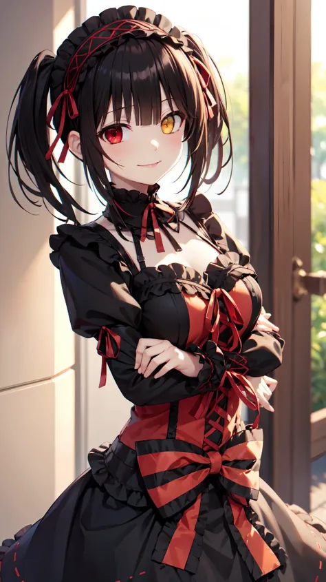 masterpiece, The best quality、street、Put your arms behind your back、Black Hair, Long twin tails bunches, (Yellow eyes:1.2), Heterochromia iridum, (Red Eyes:1.2),Tokisaki Kurumi、Smile,Gothic Lolita Clothing Accessories、victorian maid tiara、Black Ribbon、Shut...