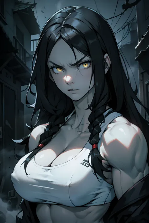 huge  1girl black hair yellow eyes very long hair pale skin angry (((muscular))) dark atmosphere foggy