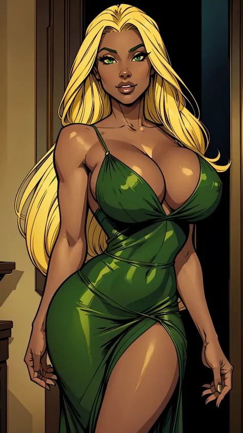 Brazilian ebony girl, dark. She wears a elegant green dress. Long straight yellow hair. busty. Most beautiful woman in the world. Comic style. Dark skin