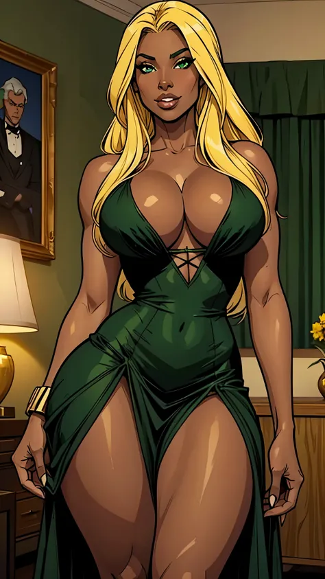 Brazilian ebony girl, dark. She wears a elegant green dress. Long straight yellow hair. busty. Most beautiful woman in the world. Comic style. Dark skin