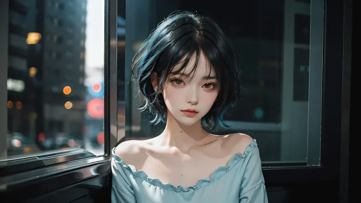 High quality, 16k, 8k, HD, best quality, black and cyan hair color, short hair, perfect face, beautiful, without makeup, restless face, looking out the window, nighttime, midnight, quiet, cyberpunk, nightgown, midnight, feeling uncomfortable, oppai, facele...
