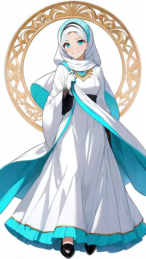 High-resolution anime digital art, Masterpiece, Mature, Humble, Kind, Smart, pupil Aqua blue eyes, wearing white hijab, Wearing long cyan dress, Womens white fabric gloves, female black shoes, happy face, vivid colours, anime style, white background,