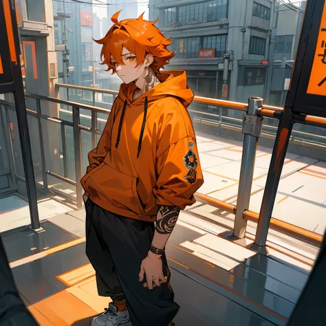 1male, adult, finely detailed honey eyes, wild medium hair, orange hair color, hoodie, baggy pants, standing on building, day time, tokyo streets, calm expression, muscular, tattoos