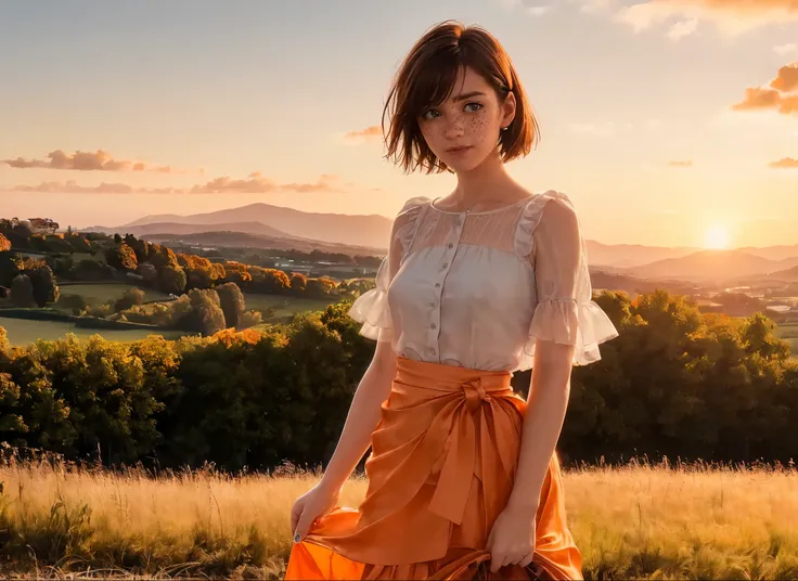 (((realistic))), (a young girl leans against the front of a vintage light orange porsche.:1.79), focus girl, ((see through the w...